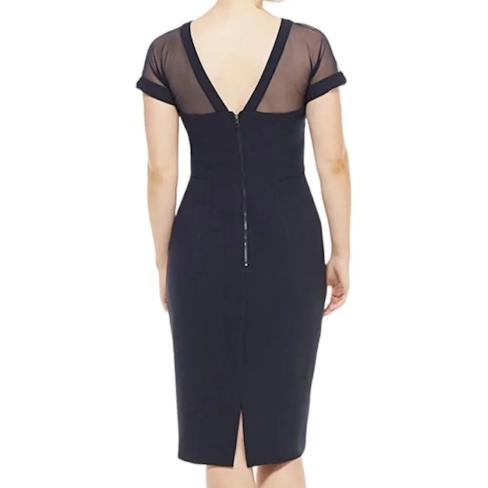 MAGGY LONDON Illusion Yoke Crepe Cocktail Dress in Navy 6 Petite - Picture 4 of 10